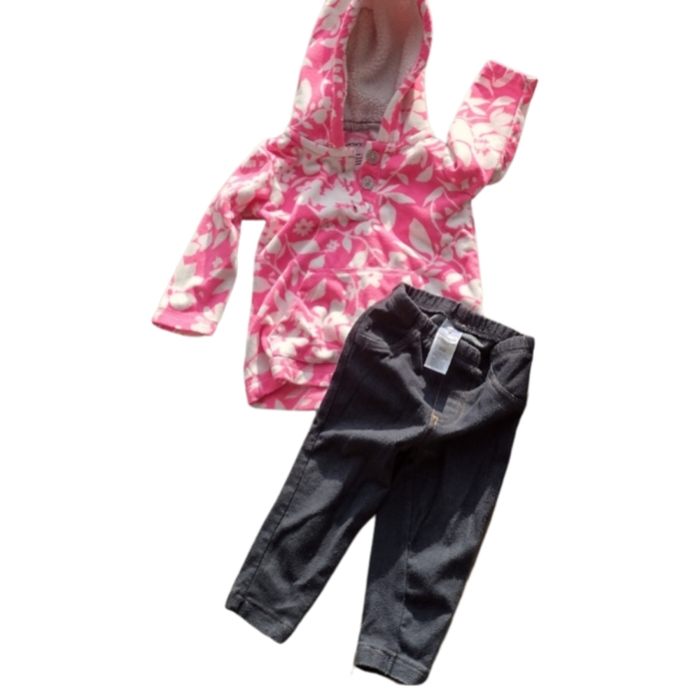 ⭐X) Carter’s Baby Girl 9M Outfit Pink Hoodie Jacket & Denim Look Jegging Pants
